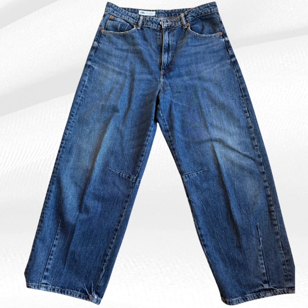 Zara Wide Leg Straight Jeans Medium Wash High Rise Knee Darts EUR 40 US 8 MEX 30